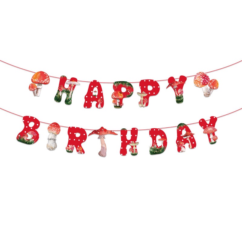 CC HOME Red Mushroom Happy Birthday Banner, Watercolor Mushroom Banner, Colorful Mushroom Theme Boys Girls Kids Home Classroom Baby Showers 1st Birthday Party Decorations Supplies - Image 1